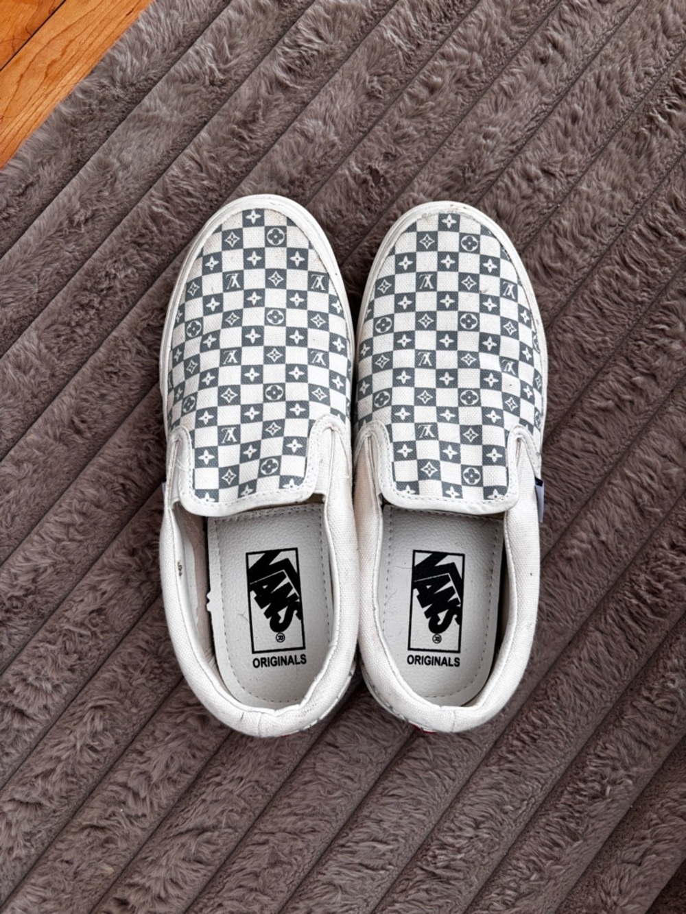 Vans White and Gray Checkerboard Classic Slip-Ons